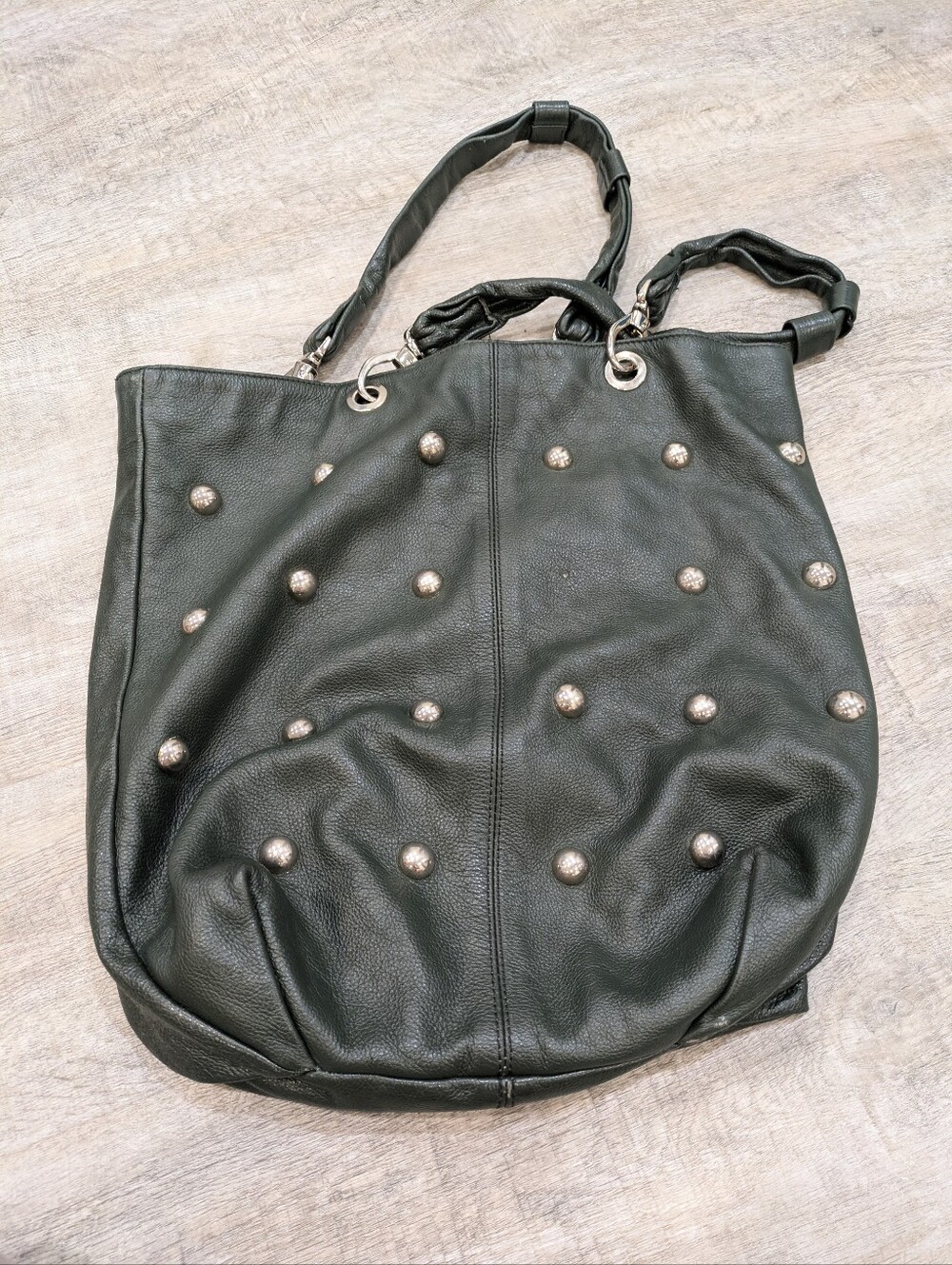 Pulicati Green Genuine Leather Studded Tote Bag